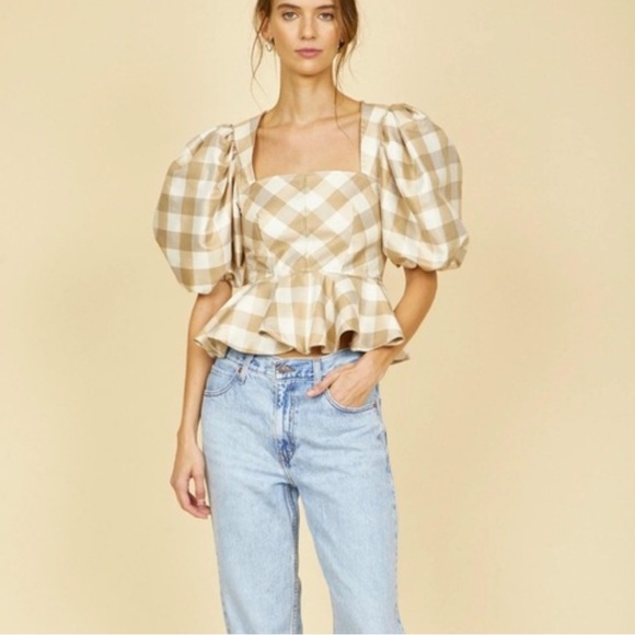 Plaid Puff Sleeve Peplum Top - Picture 5 of 12